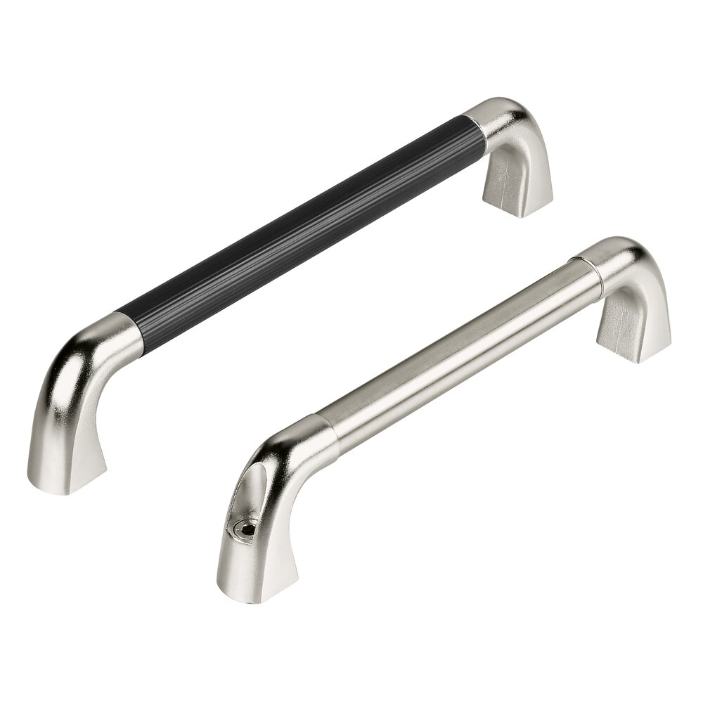 Two stainless steel handles, one with black plastic coating and one with metallic finish, shown isolated on white background.