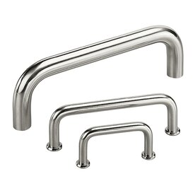 Three polished stainless steel handles of different sizes arranged vertically on a white background