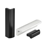 Three aluminum profile handles, two black and one silver, with ribbed grip textures on a white background