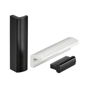 Three aluminum profile handles, two black and one silver, with ribbed grip textures on a white background