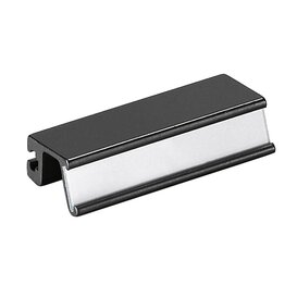 Black and silver aluminum ledge handle for sectional front panels, with cross-slot mounting feature