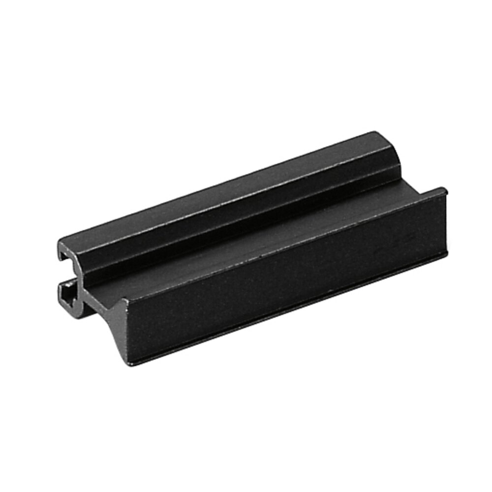 Black anodized universal ledge handle profile made of aluminum with cross slot for screws, designed for mounting on sectional front panels.