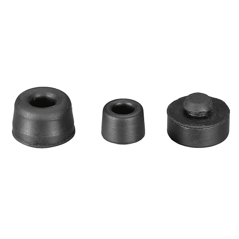 Three black cylindrical mounting components made of PVC and natural rubber, including two hollow tapered pieces with central holes and one solid piece with a raised circular top