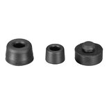 Three black cylindrical mounting components made of PVC and natural rubber, including two hollow tapered pieces with central holes and one solid piece with a raised circular top