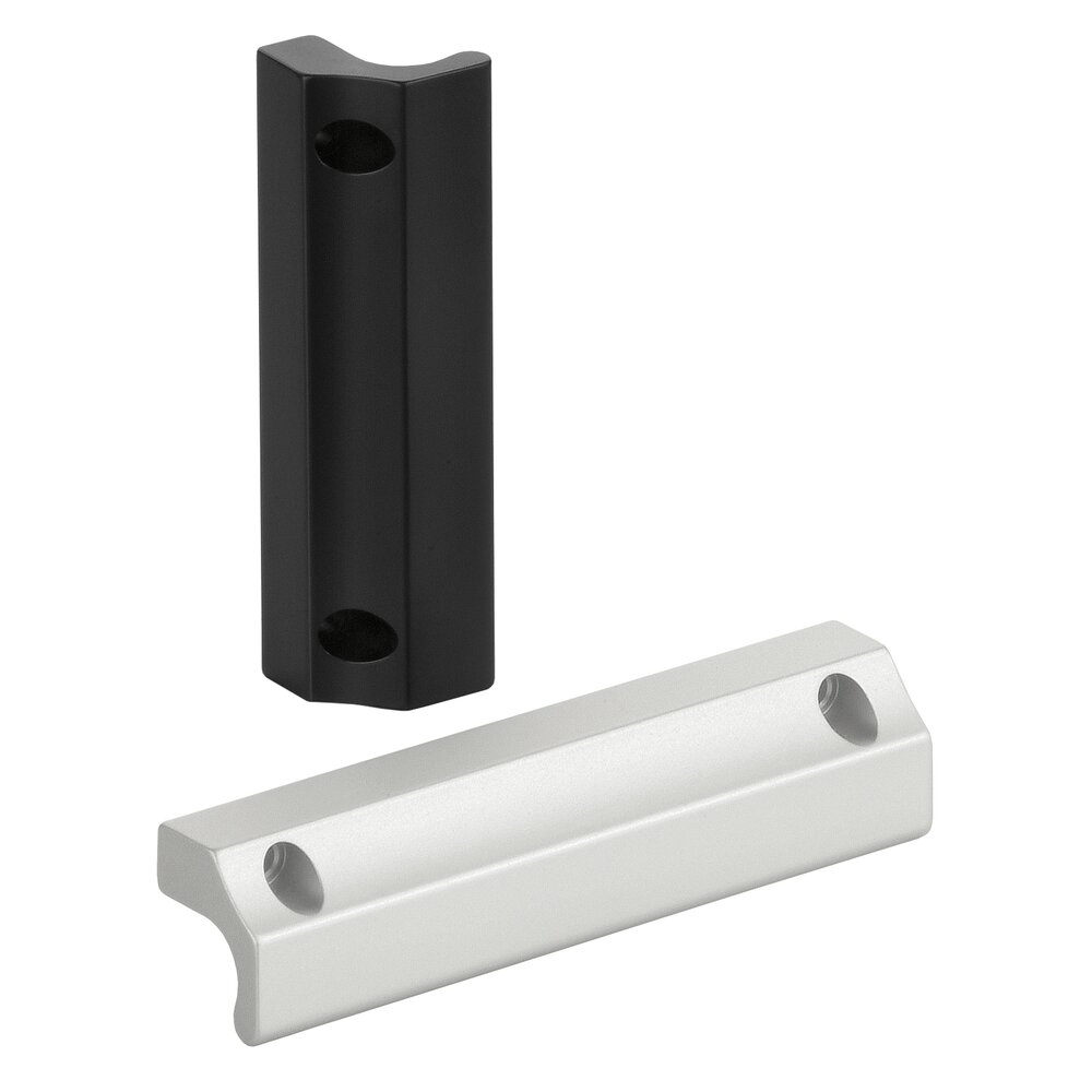 Two rectangular aluminum front panel handles, one black and one natural anodized, each with two mounting holes and a curved ergonomic grip