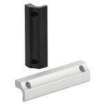 Two rectangular aluminum front panel handles, one black and one natural anodized, each with two mounting holes and a curved ergonomic grip