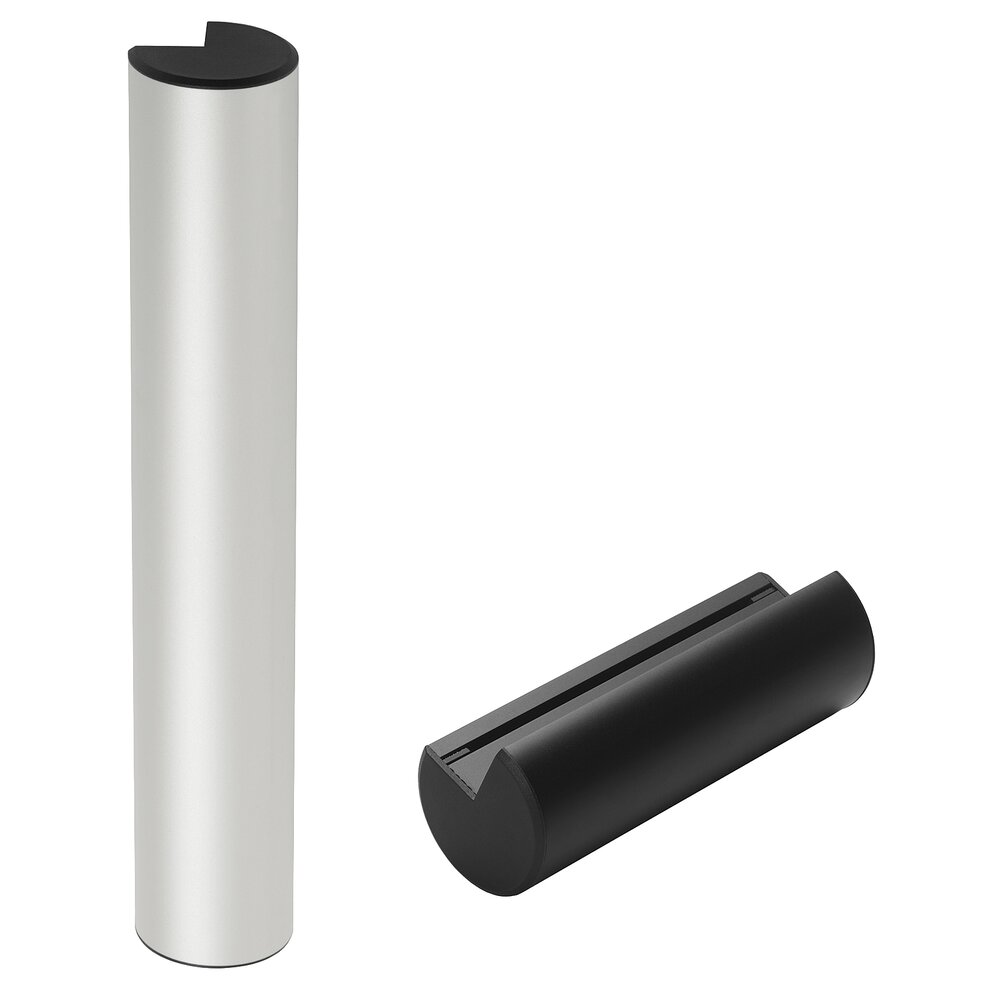 Two cylindrical front panel handles, one silver and one black, with black polyamide end caps and continuous grooves for mounting screws.