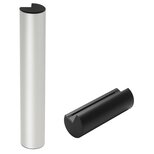 Two cylindrical front panel handles, one silver and one black, with black polyamide end caps and continuous grooves for mounting screws.