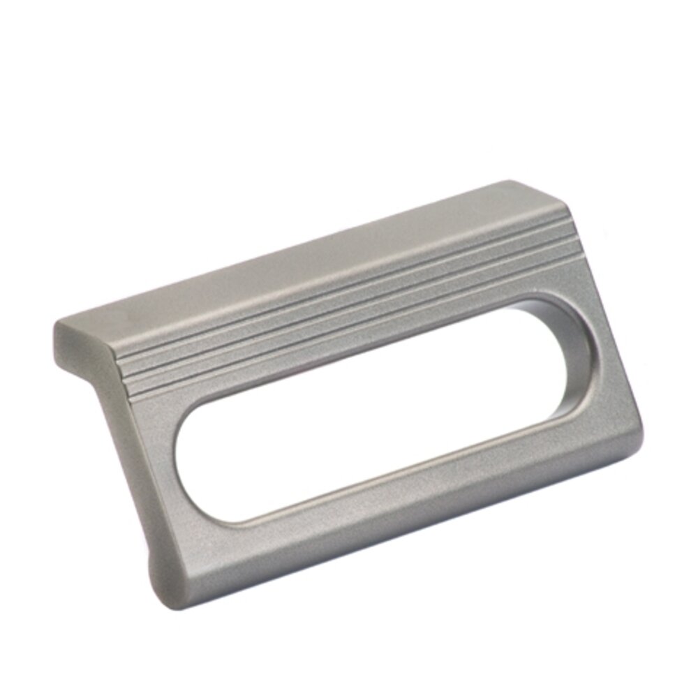 Rectangular aluminum front panel handle with a central cutout and horizontal grooves, titanium-colored satin finish