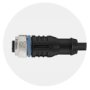 Black cylindrical electrical connector plug with ribbed grip, metal sleeve with blue and white markings, and connected cable