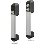Two industrial handles FG18-01 and FG18-02 with aluminum shafts and black plastic ends, featuring push buttons with green and red ring lights
