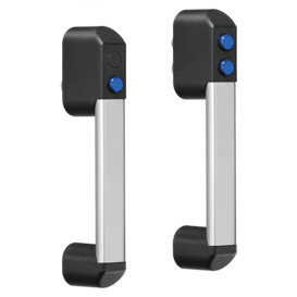 Two FG18-P3 pneumatic handles with black polyamide bodies, silver anodized aluminum connecting ledges, and blue control buttons, shown from front view