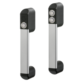 Two industrial functional handles FG18-01 and FG18-02, featuring black polyamide shanks and silver anodized aluminum connecting ledges. FG18-01 has one push button with green light; FG18-02 has two push buttons with green and red lights respectively.