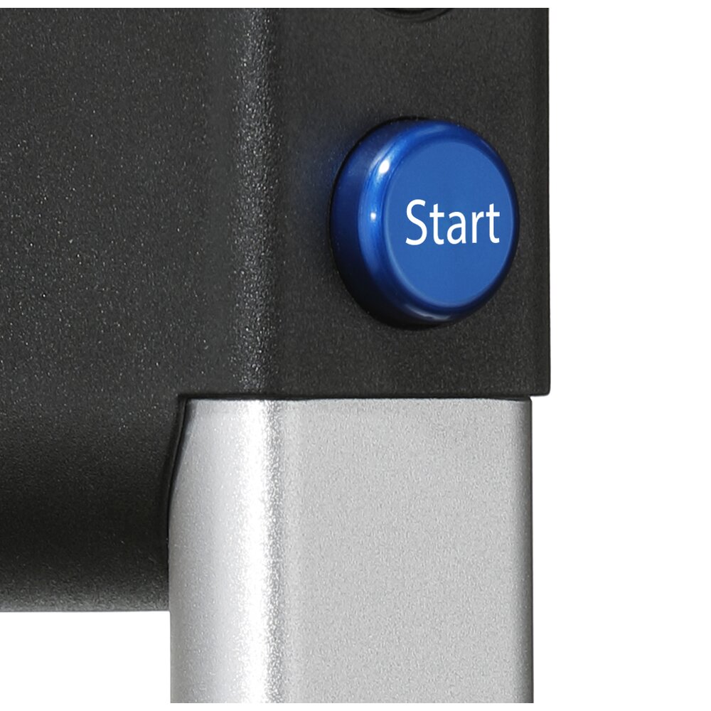 Close-up image of a black handle with a blue circular push button labeled Start, mounted on a metallic ledge.