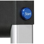 Close-up image of a black handle with a blue circular push button labeled Start, mounted on a metallic ledge.