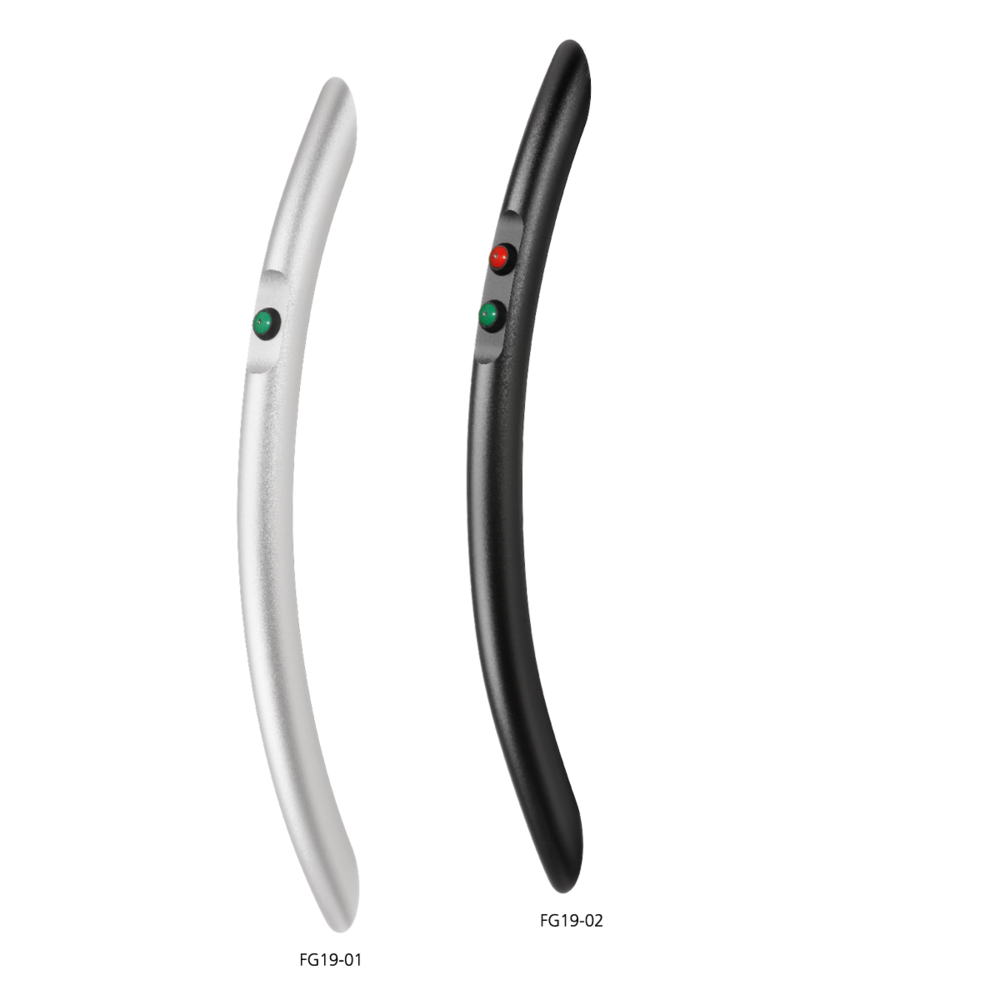 Two curved aluminium handles FG19-01 in silver with one green push button, and FG19-02 in black with red and green push buttons