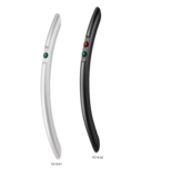 Two curved aluminium handles FG19-01 in silver with one green push button, and FG19-02 in black with red and green push buttons
