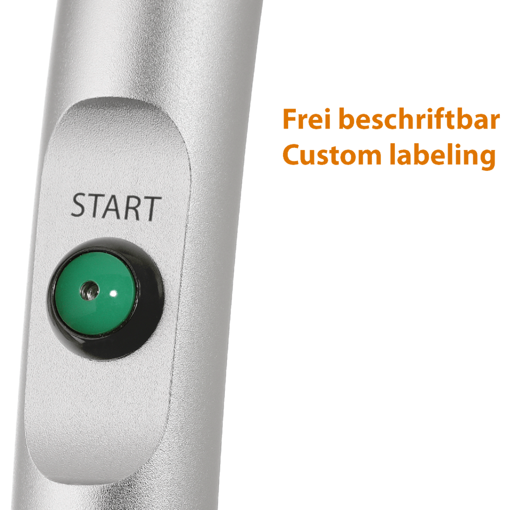 Silver aluminum handle with green push button labeled 'START' and text 'Frei beschriftbar Custom labeling' in orange