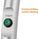 Silver aluminum handle with green push button labeled 'START' and text 'Frei beschriftbar Custom labeling' in orange