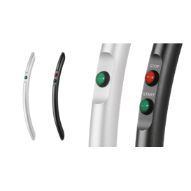 Curved aluminum function handles with green and red push buttons, one silver with one green button, one black with red and green buttons labeled STOP and START respectively
