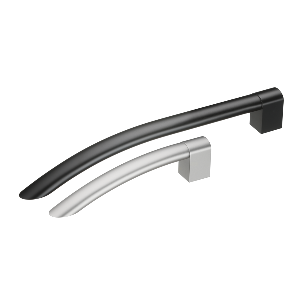 Two FG20 handles, one black and one silver, with curved design and mounting bases, arranged diagonally.