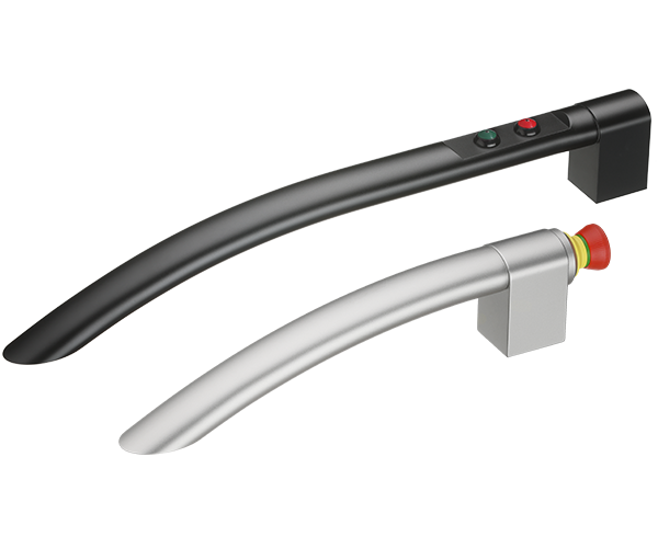 Two ergonomic handles for automation and machinery, one black with green and red push buttons and one silver with a red emergency stop button
