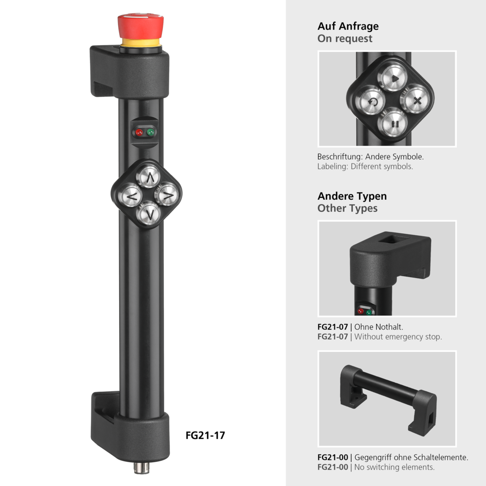 Black industrial FG21 handle with a red emergency stop button, two status LEDs, and a panel of four directional push buttons on the shank, shown alongside alternative button configurations and other handle versions