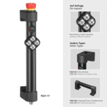 Black industrial FG21 handle with a red emergency stop button, two status LEDs, and a panel of four directional push buttons on the shank, shown alongside alternative button configurations and other handle versions