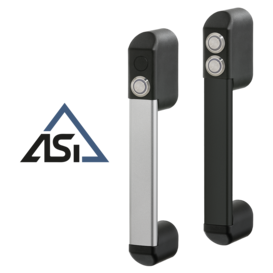 Two industrial handles with push buttons and LED rings, one with a silver shank and one with a black shank, shown alongside the ASi logo.
