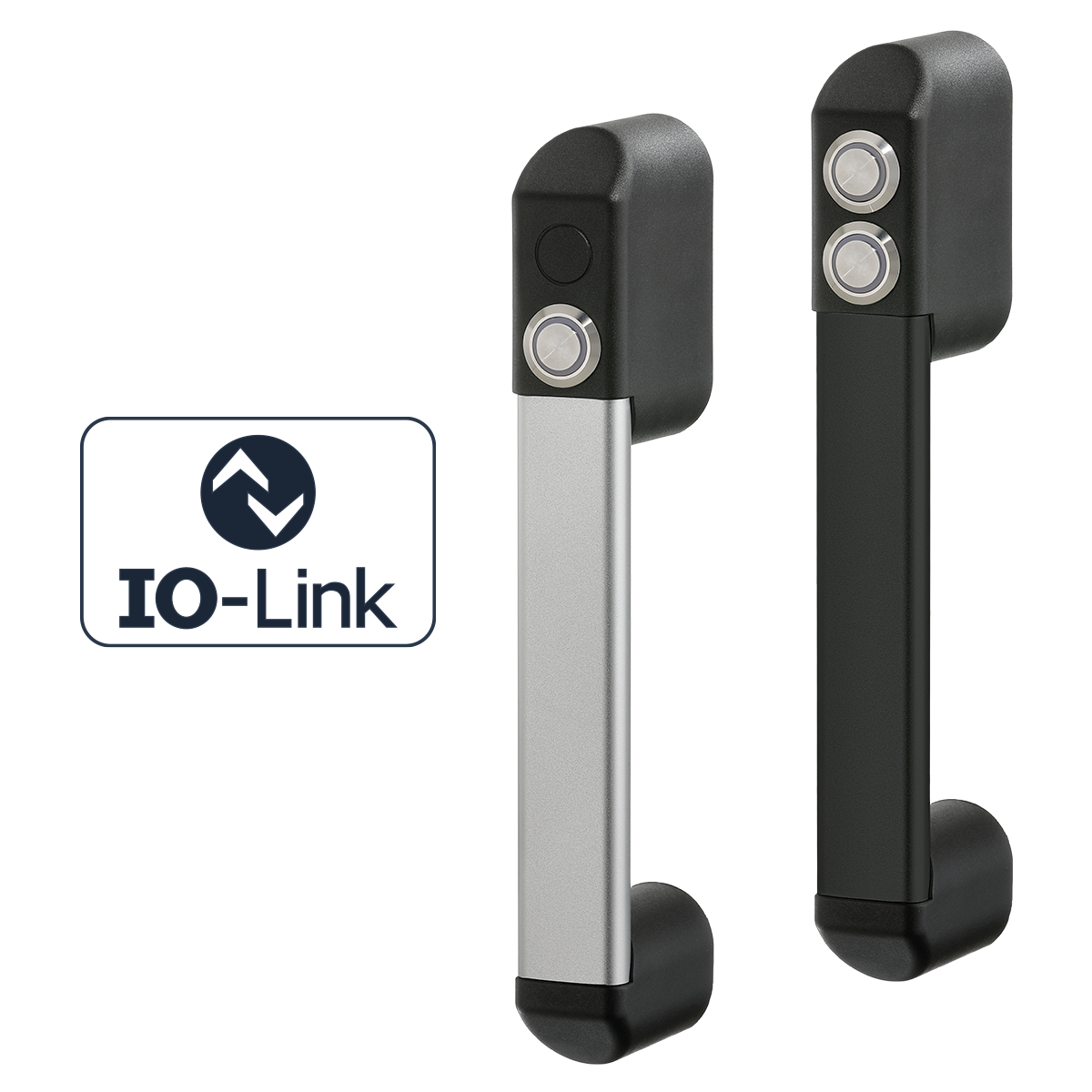 Two FG24 functional handles for automation, one with single push button and aluminum shaft, the other with two push buttons and black shaft, with IO-Link logo on the left