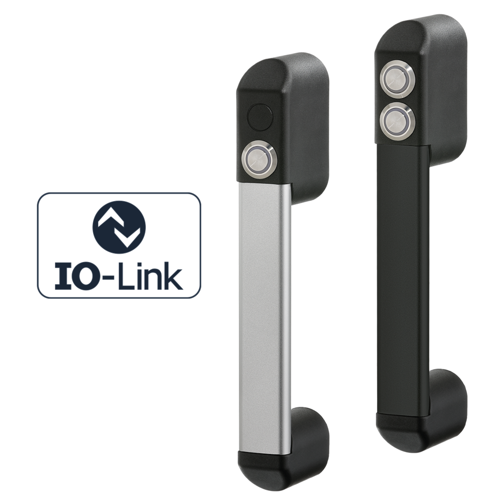Two FG24 functional handles for automation, one with single push button and aluminum shaft, the other with two push buttons and black shaft, with IO-Link logo on the left