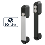 Two FG24 functional handles for automation, one with single push button and aluminum shaft, the other with two push buttons and black shaft, with IO-Link logo on the left