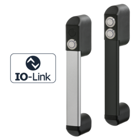 Two FG24 functional handles for automation, one with single push button and aluminum shaft, the other with two push buttons and black shaft, with IO-Link logo on the left