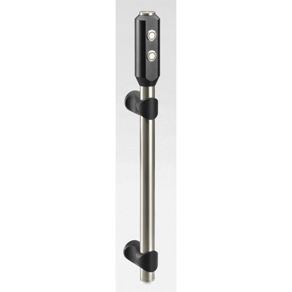 Machine handle with black anodized aluminum housing containing two ring-illuminated push buttons and stainless steel adjustable shanks with black polyamide mounts