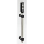 Machine handle with black anodized aluminum housing containing two ring-illuminated push buttons and stainless steel adjustable shanks with black polyamide mounts
