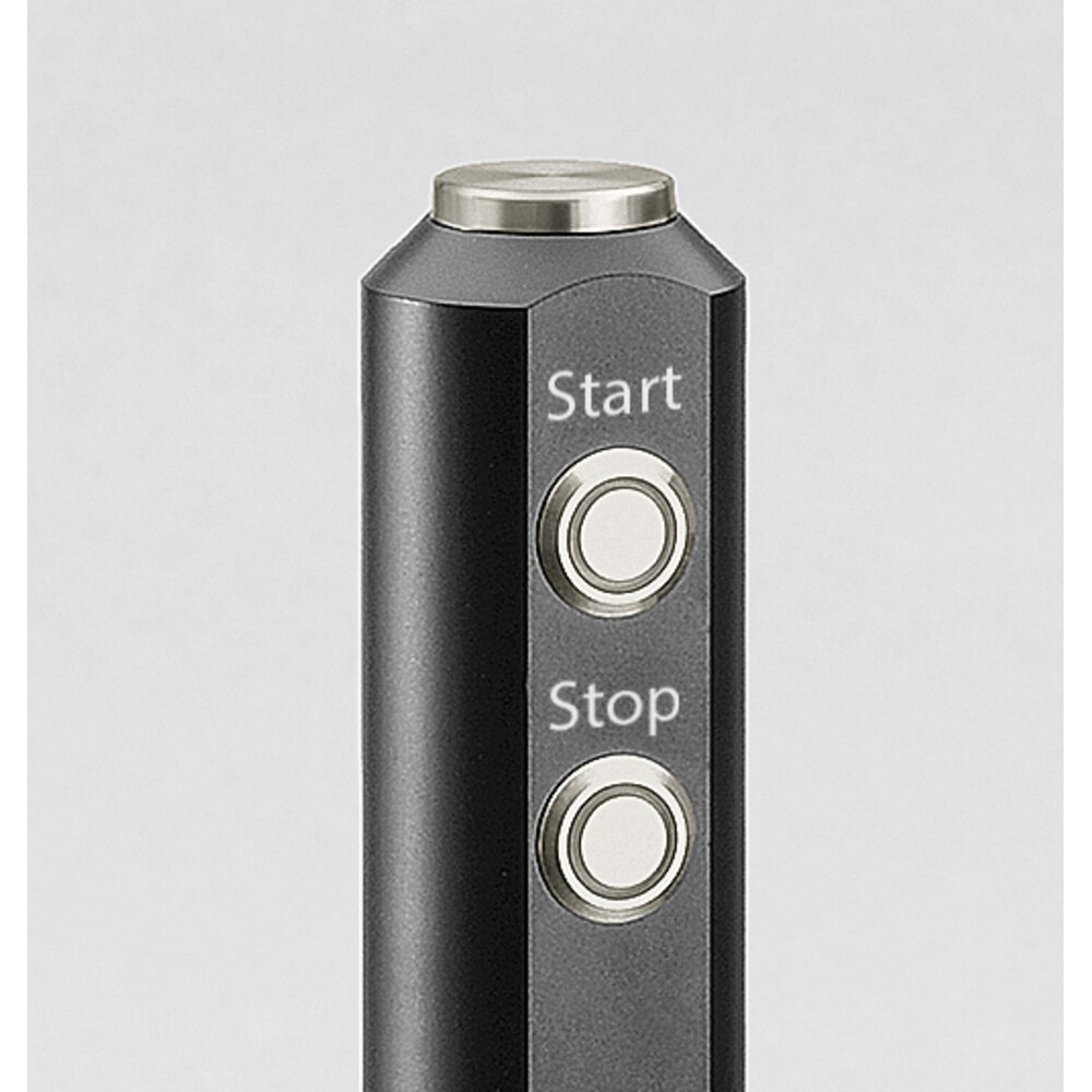 Close-up of a black machine handle with two circular push buttons labeled 'Start' and 'Stop' with metallic rings