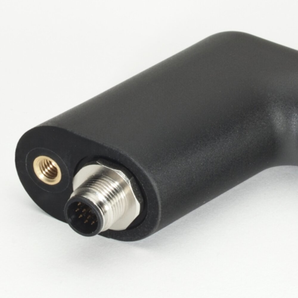 Black FG11 functional handle with an 8-pole metal connector and threaded mounting insert on a white background