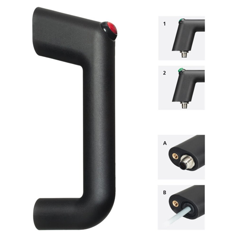 Black FG11 functional handle made of polyamide PA6 with flat red LED push button, smaller images showing green LED flat and raised push buttons, plus close-ups of connector options A and B