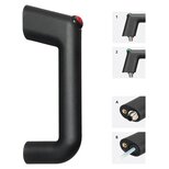 Black FG11 functional handle made of polyamide PA6 with flat red LED push button, smaller images showing green LED flat and raised push buttons, plus close-ups of connector options A and B
