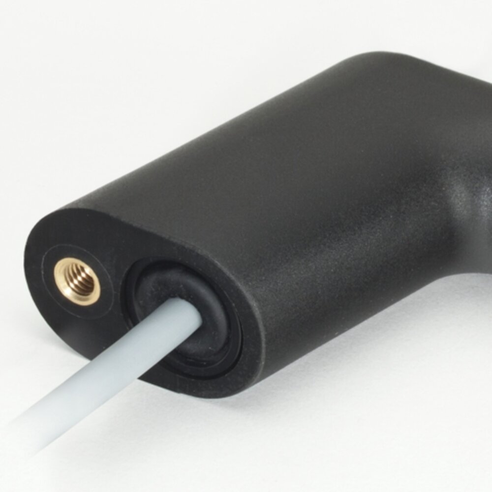 Black L-shaped FG11 functional handle made of polyamide with a gray cable extending from one end and brass threaded insert visible on the side