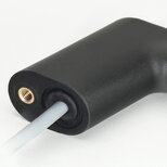 Black L-shaped FG11 functional handle made of polyamide with a gray cable extending from one end and brass threaded insert visible on the side