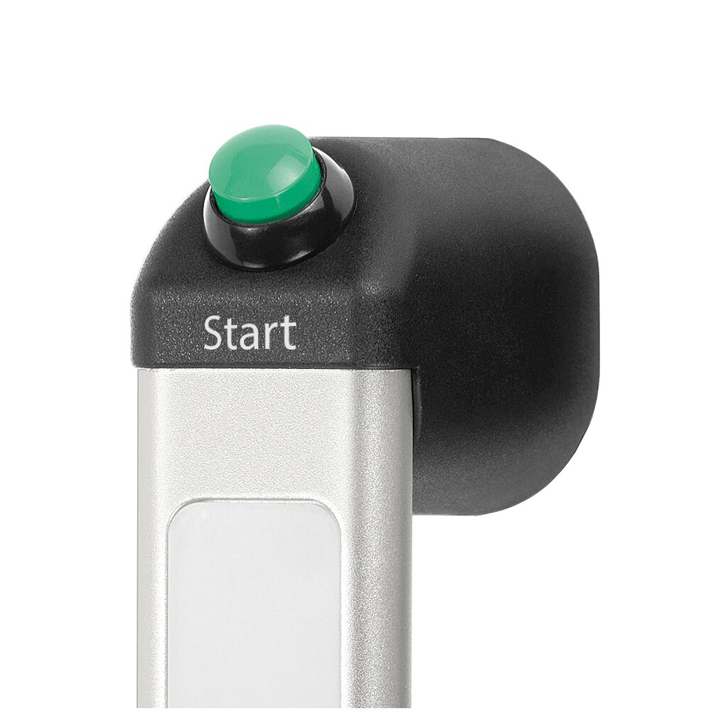 Close-up of a functional handle FG12-LL with black textured shank, silver aluminium ledge, and green push button labeled Start