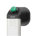 Close-up of a functional handle FG12-LL with black textured shank, silver aluminium ledge, and green push button labeled Start