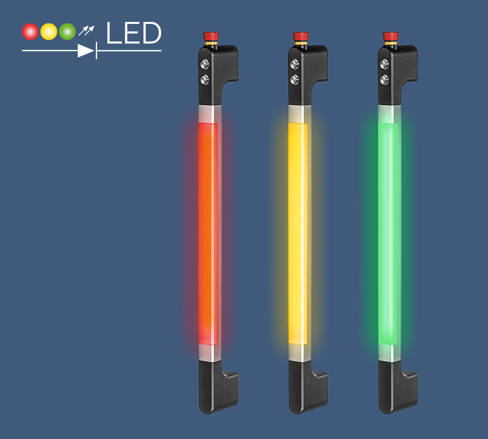 Three LED neon handles illuminated in red, yellow, and green colors with black mounting brackets on a blue background, with a functional LED indicator icon and text.