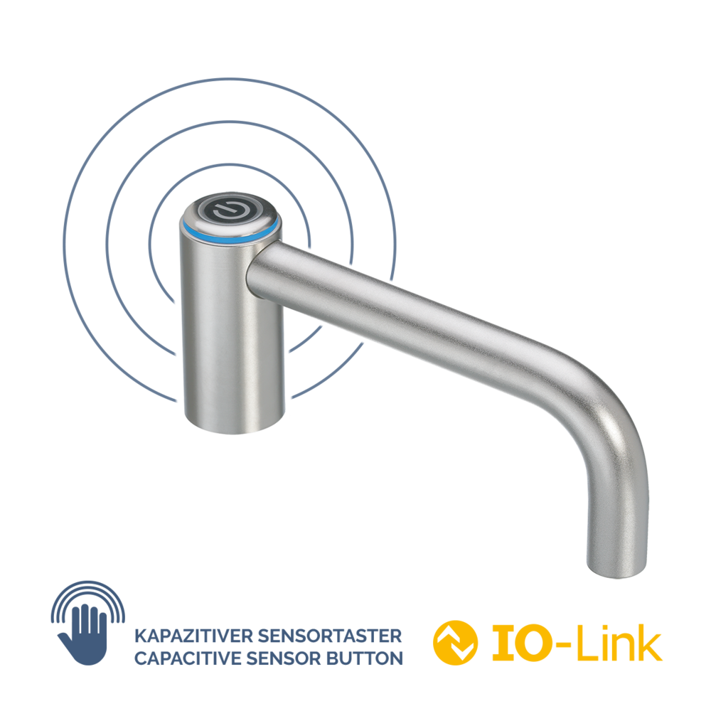 L-shaped stainless steel handle with top capacitive sensor button illuminated by a blue ring and IO-Link symbol