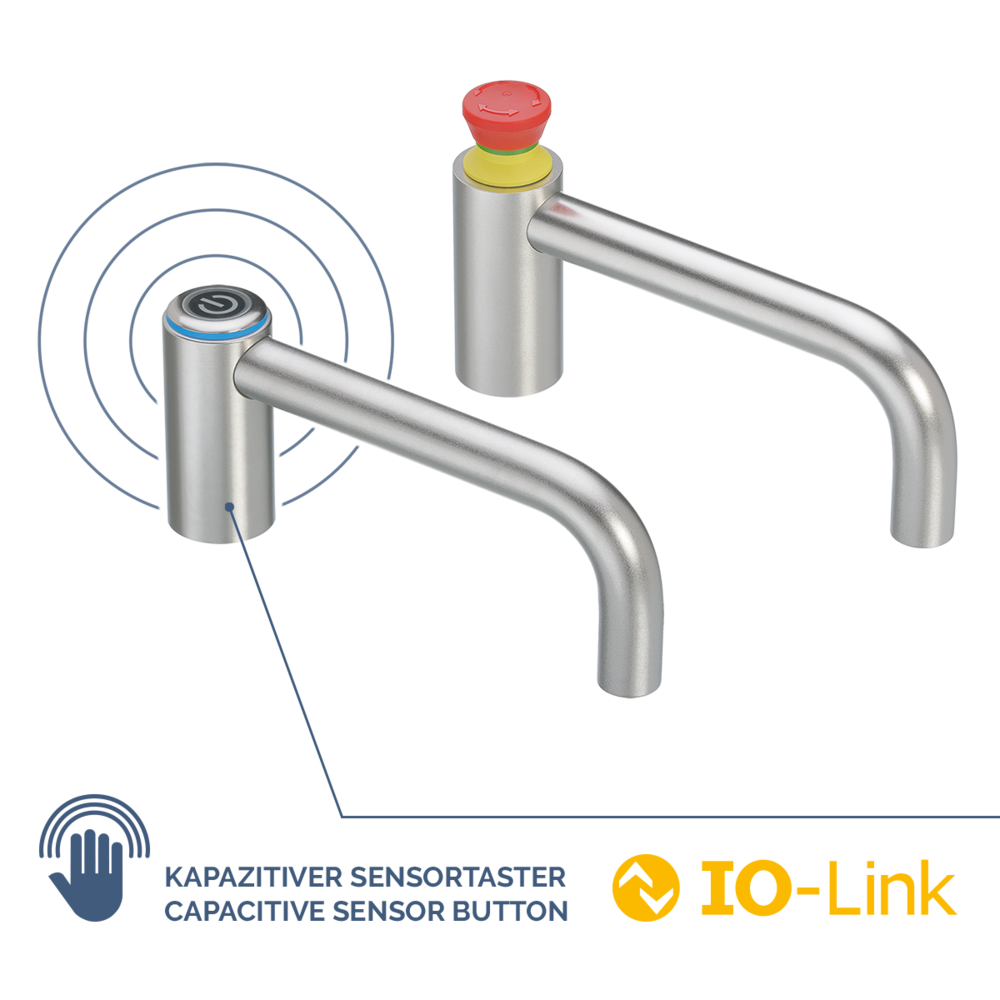 Two stainless steel handles, one with a blue illuminated capacitive sensor button with a power symbol, and the other with a red emergency stop button on a yellow base.