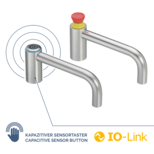 Two stainless steel handles, one with a blue illuminated capacitive sensor button with a power symbol, and the other with a red emergency stop button on a yellow base.
