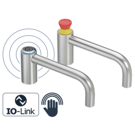 Three stainless steel FG15 series handles showing a capacitive sensor button, an emergency stop button, and a plain handle with IO-Link and touch sensor icons