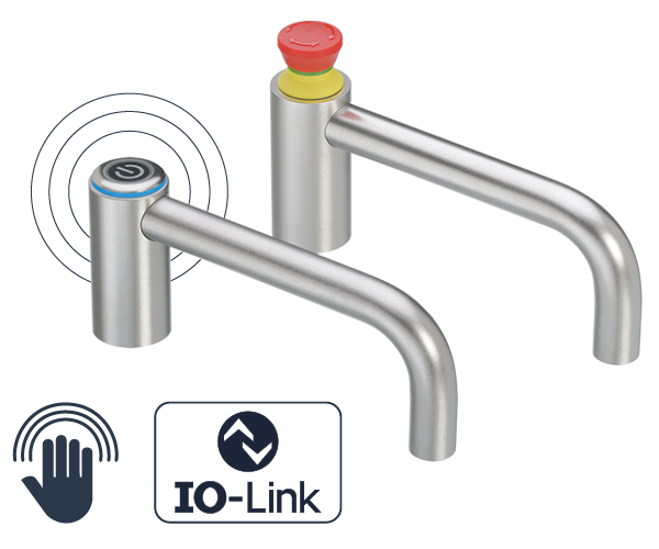 Two metallic functional handles for automation and machinery, one with a black power button and the other with a red emergency stop button, alongside touch and IO-Link icons.