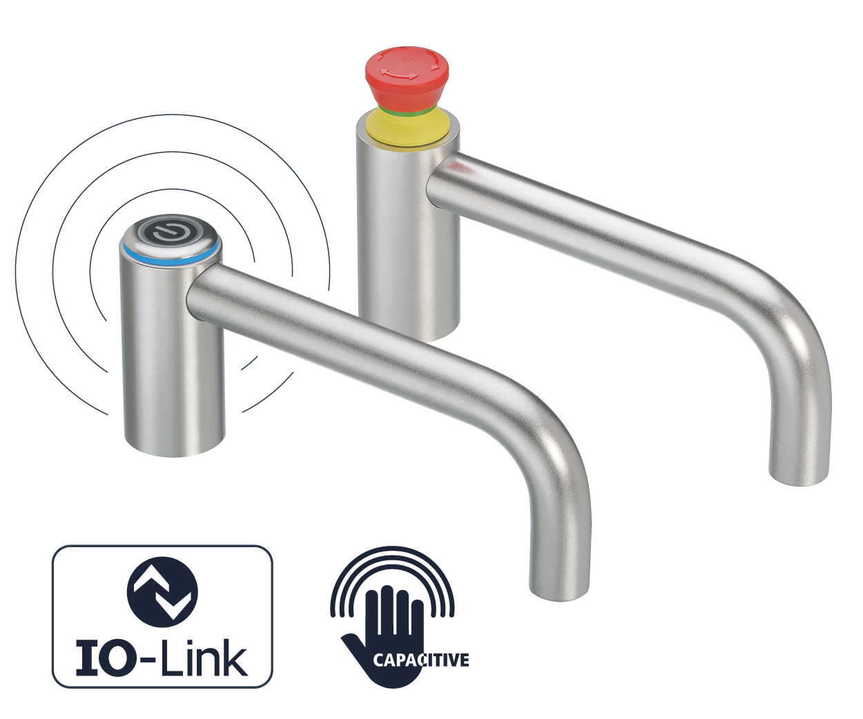 Zwei Funktionsgriffe aus Metall, einer mit Ein-/Aus-Schalter, einer mit rotem Notaustaster, Symbole für TO-Link und Sprachsteuerung